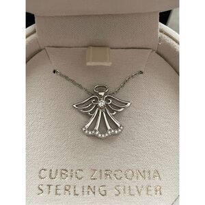 Macy's Sterling Silver Angel Pendant Cubic Zirconia Accents Necklace 18" New